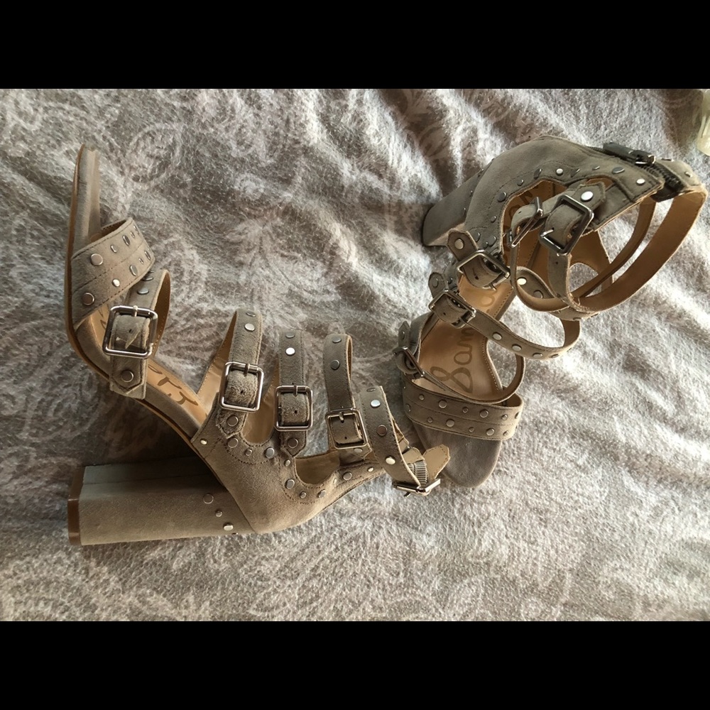 Sam Edelman studded gray strappy suede block heels
